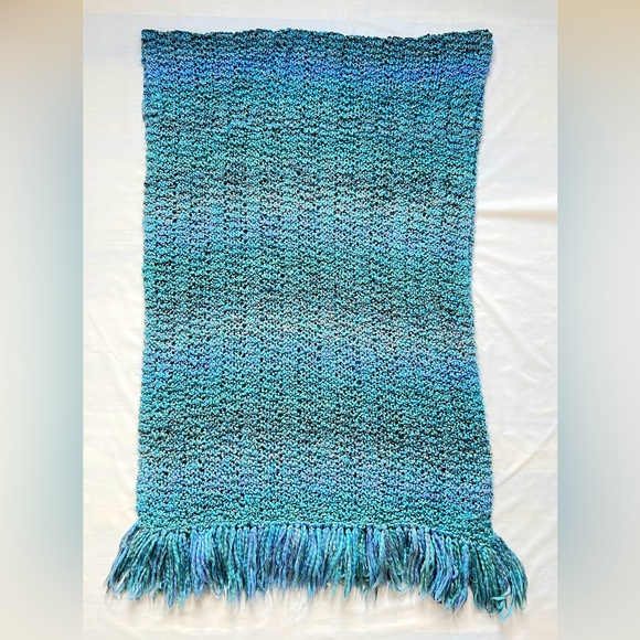 Extra wide long turquoise handmade crocheted shawl wrap L85" with fringes W25" - Picture 1 of 4